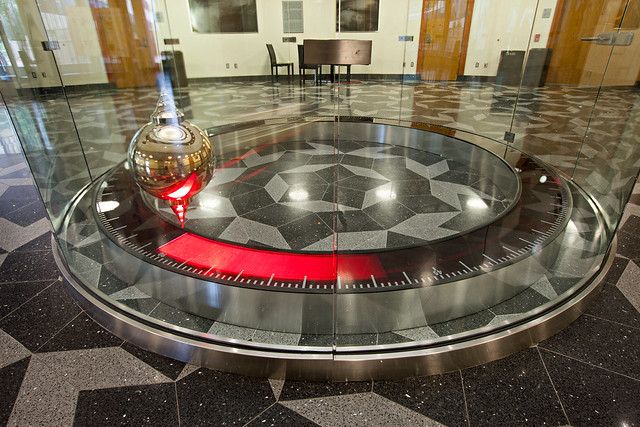 83-foot Foucault pendulum swinging in the Mitchell Institute (MIST) atrium